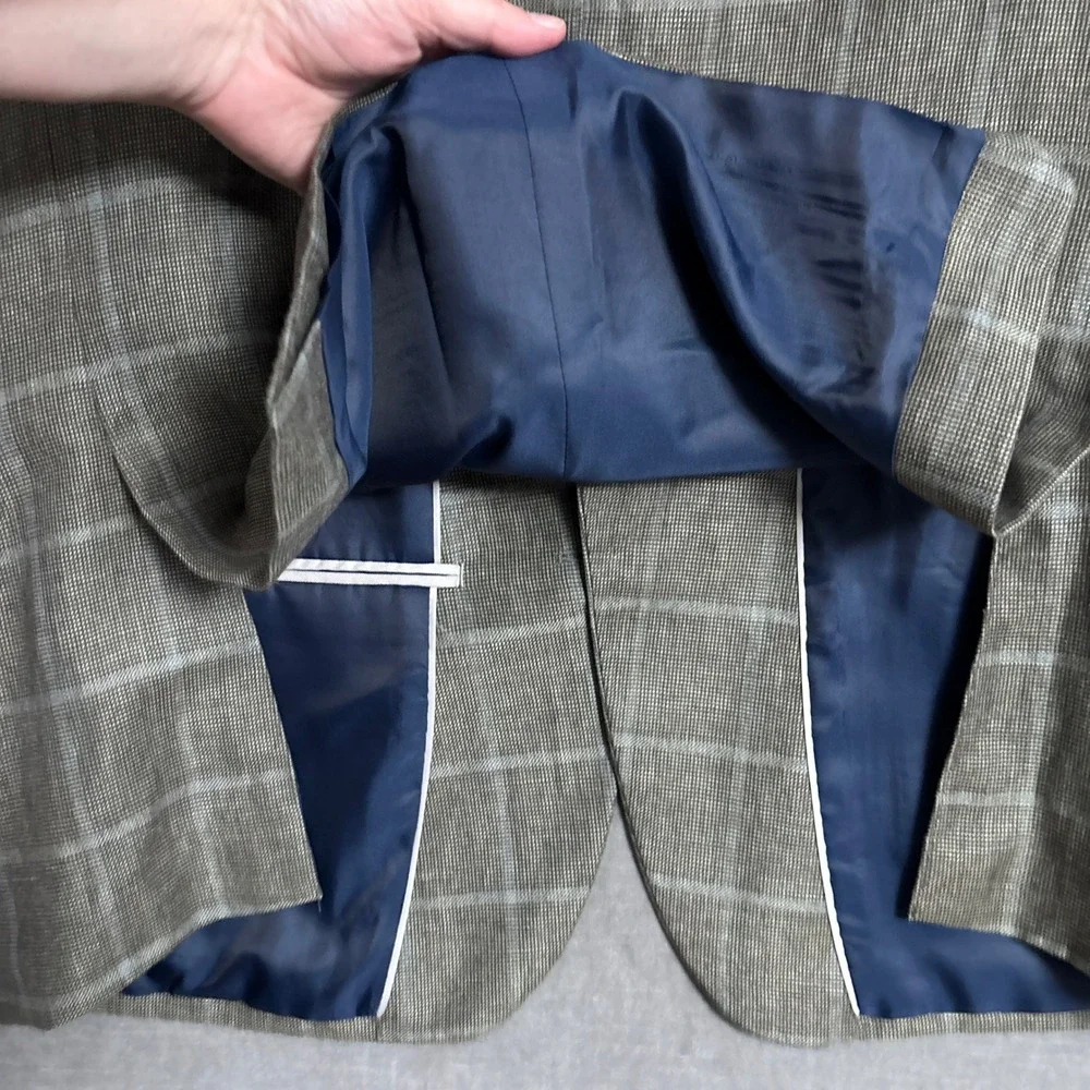 JS A Bank Sport Coat 46S Slim Fit Brown Plaid Windowpane Linen Wool Blazer